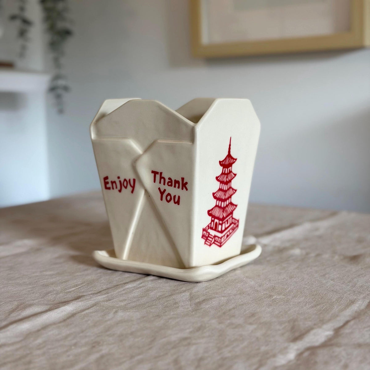 Handmade Ceramic Takeout Box Planter with Drainage Hole — front view