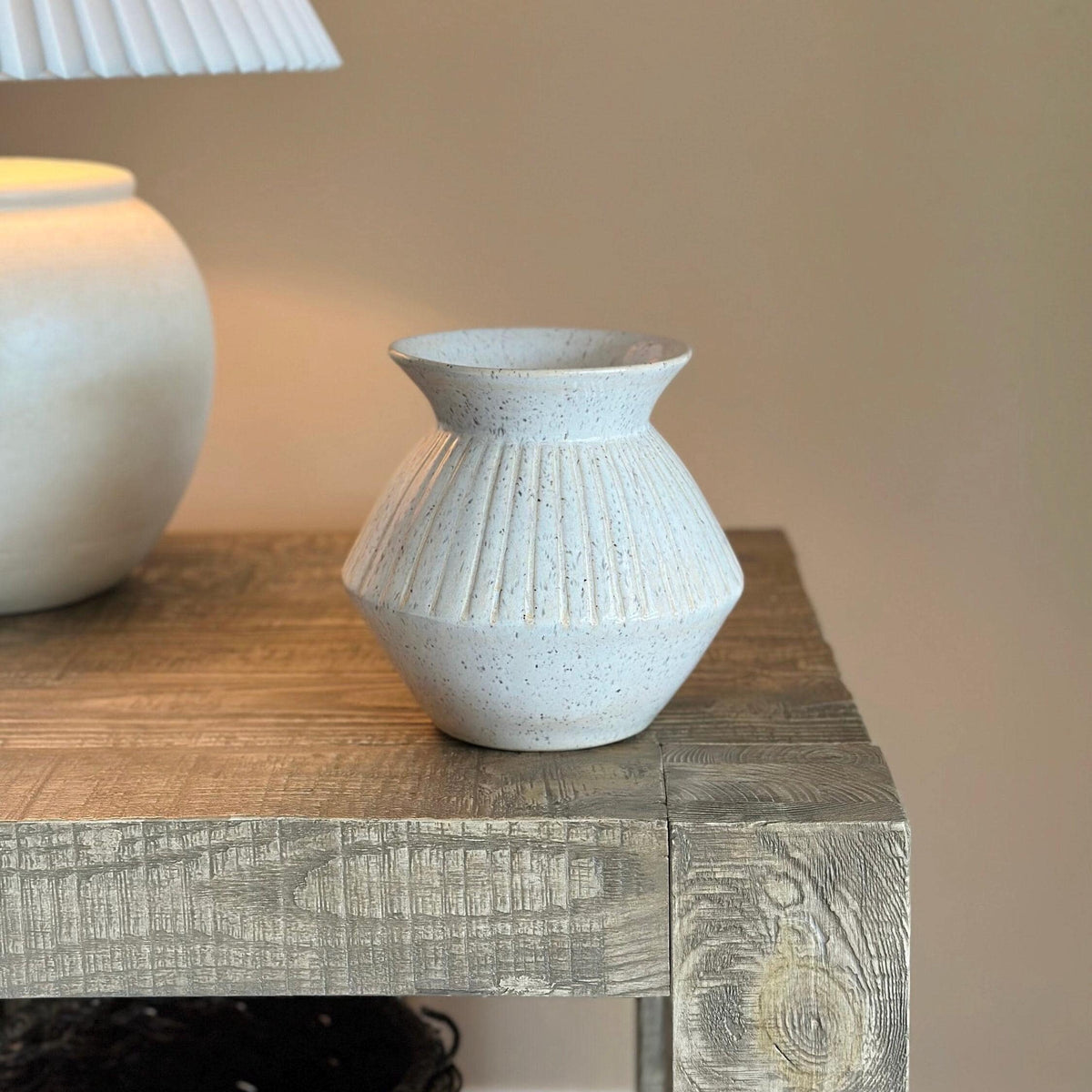Handmade Ceramic White Ribbed Flower Vase — front view