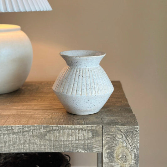 Handmade Ceramic White Ribbed Flower Vase — front view