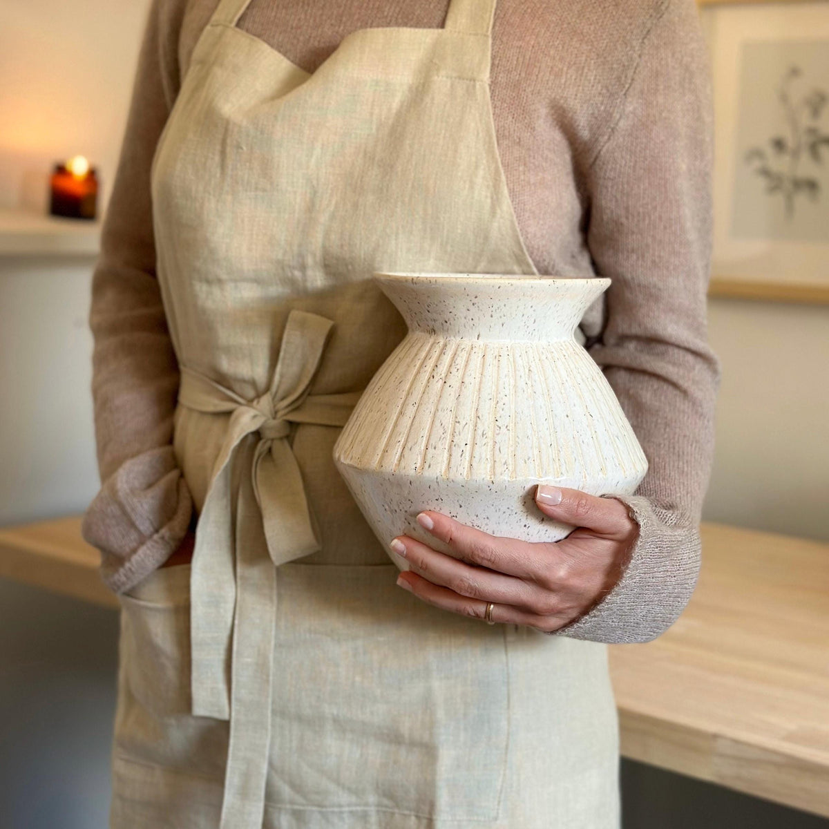 Handmade Ceramic White Ribbed Flower Vase — photo 2