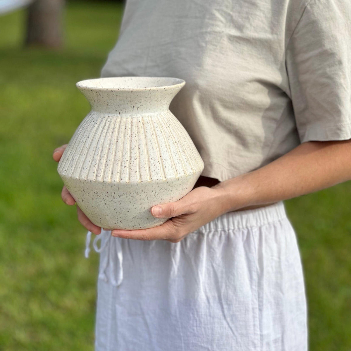 Handmade Ceramic White Ribbed Flower Vase — photo 6